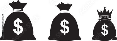 Three black money bags with dollar signs and crowns white
