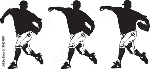 Silhouette of baseball player throwing ball in three stages