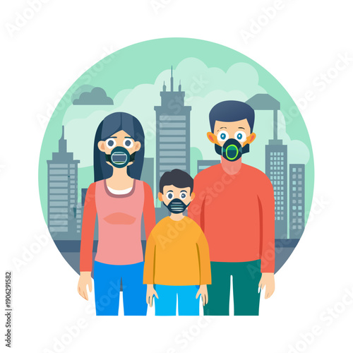 Family wearing gas masks to protect themselves from air pollution, standing against a backdrop of a contaminated city.