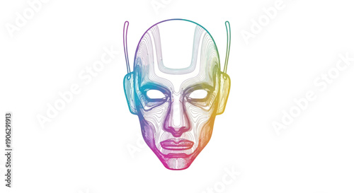 Vibrant rainbow gradient line art depicting a futuristic abstract human or android head concept