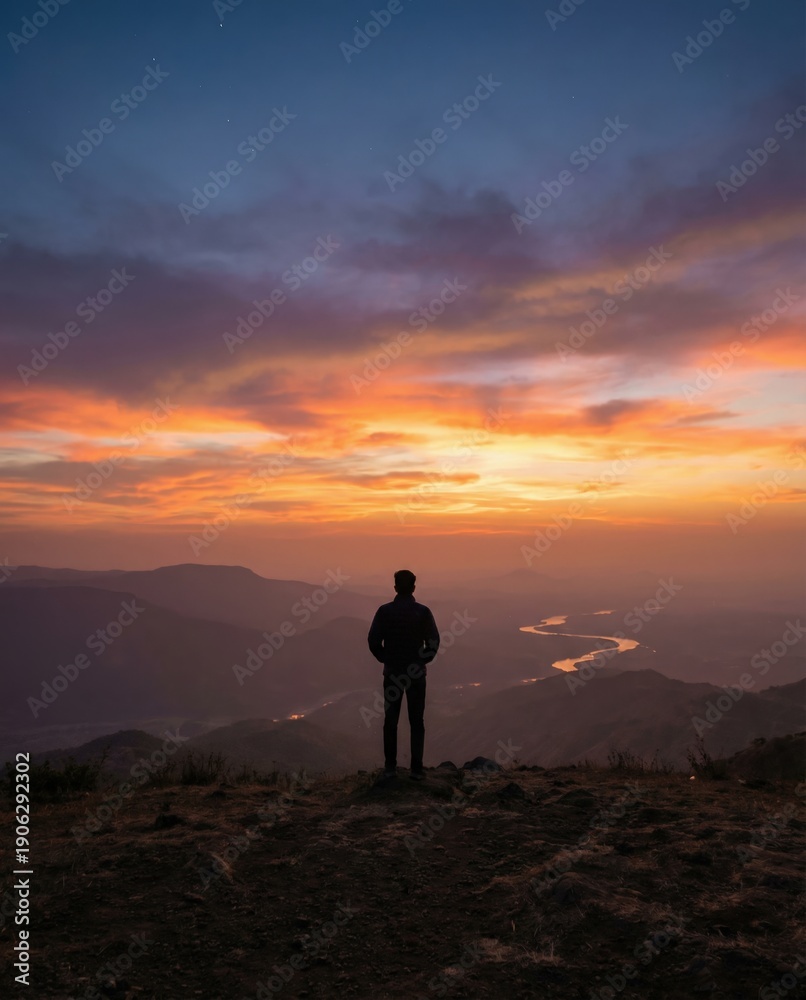 Fototapeta premium Silhouette of Man Watching Sunset Over Mountains and River