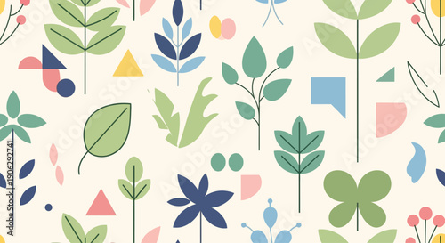 Abstract Botanical Pattern: Geometric Leaves, Flowers, and Shapes on Cream Background