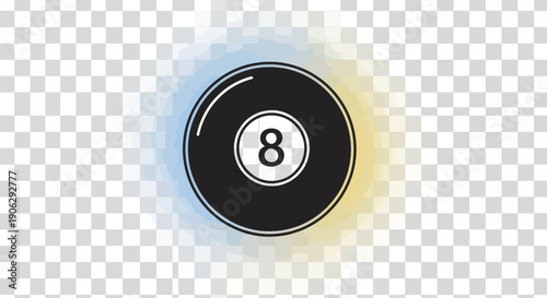Stylish black 8-ball illustration with subtle light effects on a transparent background for game