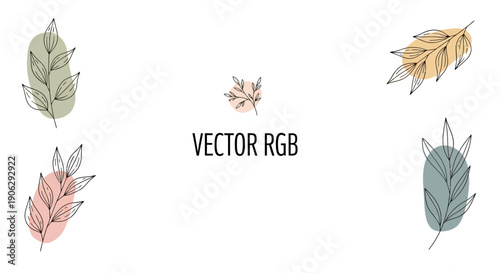 Abstract botanical illustration with leaves and pastel color blobs, vector art