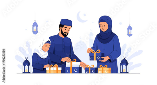 A family in traditional attire celebrating Ramadhan together with gift giving, showcasing a character of love and generosity