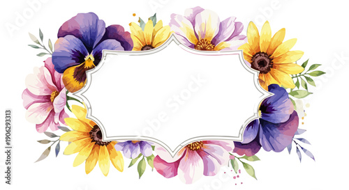 Ornate floral frame with purple pansies and yellow sunflowers on transparent background Keywords: floral frame, flower border