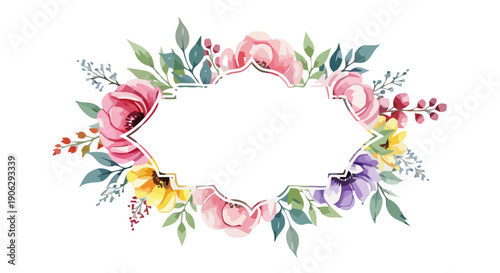 Hexagonal frame with colorful flowers including purple anemones and yellow sunflowers Keywords: floral frame, flower border