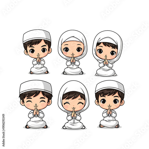 Illustration of six cartoon children in white robes praying with hands together in different poses and facial expressions