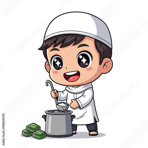 A young cartoon boy in traditional attire stirring a large pot beside some green food packets