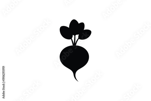 Black silhouette of beet with green leaves on white background, vegetable icon