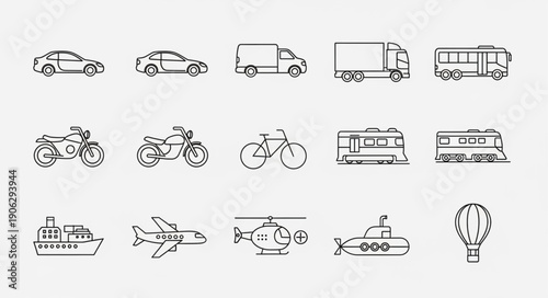 Collection of hand drawn transportation icons in a grid layout.