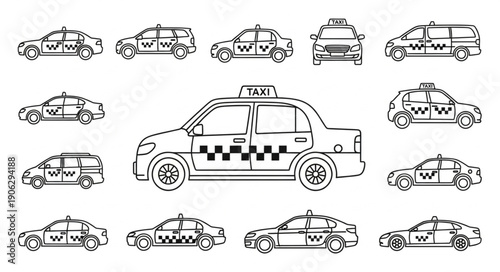 Collection of Hand Drawn Taxi Cabs in Various Views.