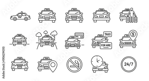 Collection of hand drawn taxi icons and symbols for transportation services.