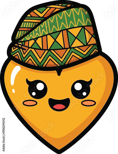 A cute cartoon heart character wearing a traditional patterned cap smiles widely against a white background.