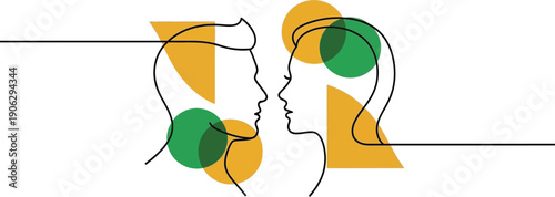 Minimalist continuous line drawing illustrates the profiles of a man and a woman facing each other with abstract color overlays.