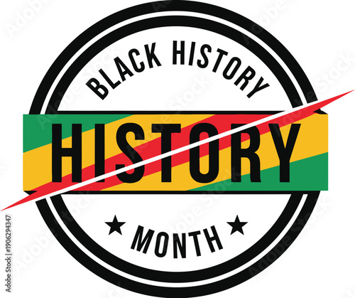 Circular stamp graphic features the word History crossed out with a red diagonal line over a black, green, and yellow striped bar.
