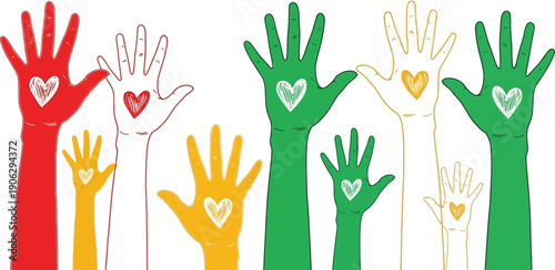 Raised hands displaying love and unity in red, green, and yellow colors symbolize community support and diversity during a special observance.