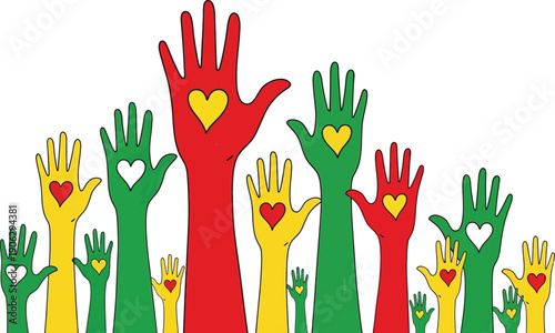 Numerous raised hands in red, green, and yellow colors display heart symbols on the palms against a white background.