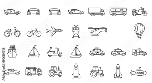 Collection of Hand Drawn Transportation Icons and Symbols.