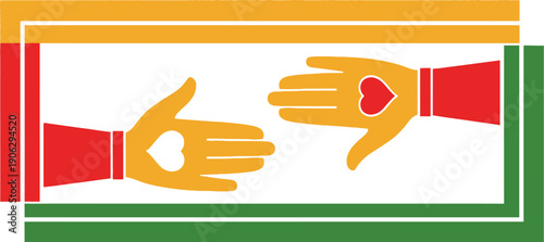 Two stylized hands with hearts visible on the palms reach toward each other within a bold rectangular frame of red, yellow, and green colors.