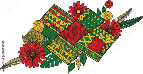Arrangement of decorative textile squares with ethnic patterns in red, green, and yellow is embellished with bright red flowers and green leaves.