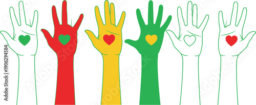 Five stylized hands raised vertically, featuring hearts in Pan-African colors, symbolizing unity and community support against a white background.