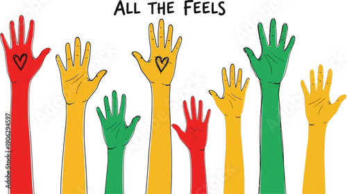 Multiple arms raised high in assorted sizes and colors including red, green, and yellow, convey a feeling of enthusiastic response or emotion.