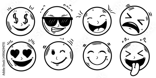 Simple Doodle Expression Icons. Hand drawn emoji faces vector set. Various mood Emoji collection. Sketch style