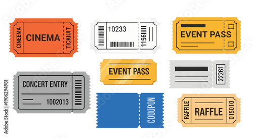 Assorted flat vector tickets passes coupons and raffles in various colors with perforated edges.