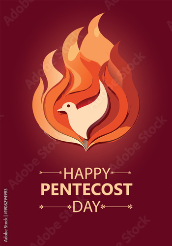 A vibrant graphic illustration celebrating pentecost day with a dove engulfed in fiery orange and red flames