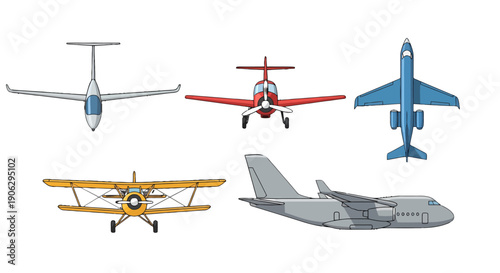 Diverse cartoon aircraft collection propeller planes jets glider biplane illustrations in various colors and views.