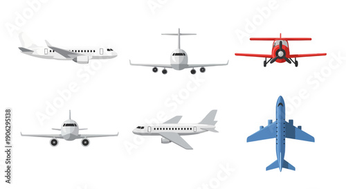 Diverse collection of six distinct airplane illustrations in various poses including passenger jets private plane and a red biplane.