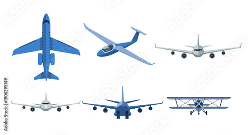 Diverse flat design aircraft collection blue jet glider passenger planes biplane various views.