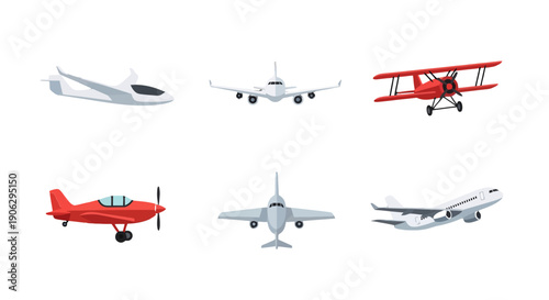 Diverse collection of stylized aircraft illustrations featuring modern jets classic biplane propeller plane and sleek glider designs.