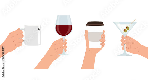 Diverse hands holding various beverages coffee mug red wine takeaway cup and martini glass.