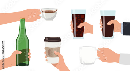 Diverse hands holding various drinks green beer bottle patterned tea cup soda glasses takeaway coffee white mug.