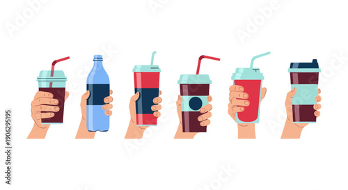 Diverse Hands Holding Various Refreshing Beverages in Flat Illustration Style.