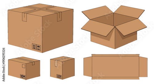 Illustrated brown cardboard boxes in various states including sealed open and flattened with shipping symbols.