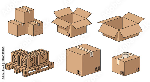 Isometric cartoon style cardboard boxes and wooden crates for shipping and storage.