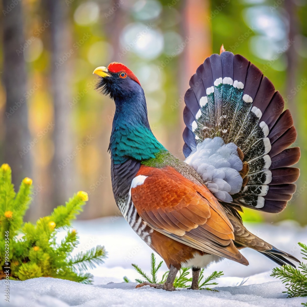 Fototapeta premium Pheasant in a snowy forest with vibrant plumage on display
