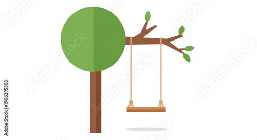 A wooden swing hangs from a tree branch with green leaves on a white background symbolizing childhood fun and outdoor play