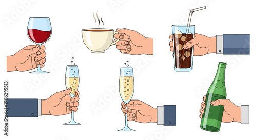 Set of cartoon hands holding diverse beverages red wine steaming coffee iced soda sparkling champagne and a green bottle.