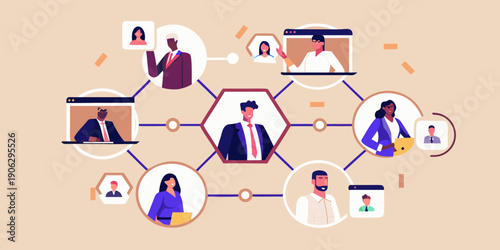 A modern illustration depicting a network of people connecting via video conference