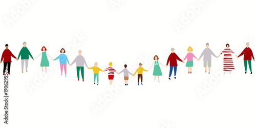 A diverse group of people holding hands in a horizontal line