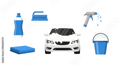 White Sedan Covered in Soap Suds with Car Washing Tools Blue and White Flat Vector Illustration Set.