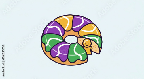 Colorful king cake with bite taken out on light blue background symbolizing mardi gras or festive celebration