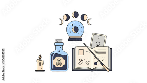 Whimsical magic items illustration crystal ball spellbook potion candle moon phases and wand.