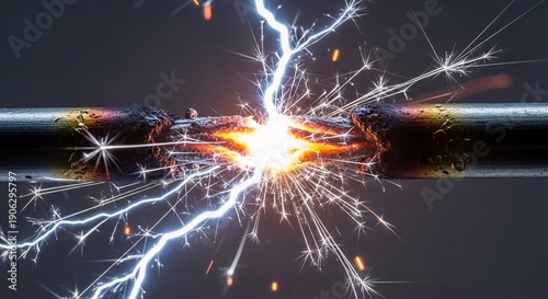 Electrical Short Circuit with Sparks and Lightning on Wire