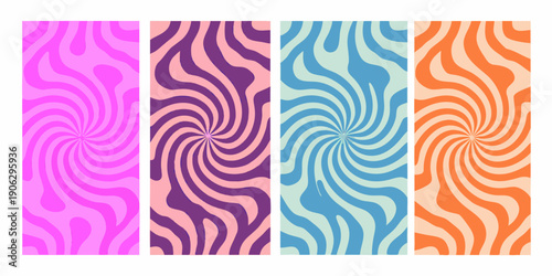 Four vibrant swirling patterns in vertical rectangular arrangements