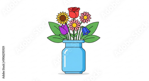 Colorful bouquet of flowers in a blue vase on white background perfect for spring and summer designs